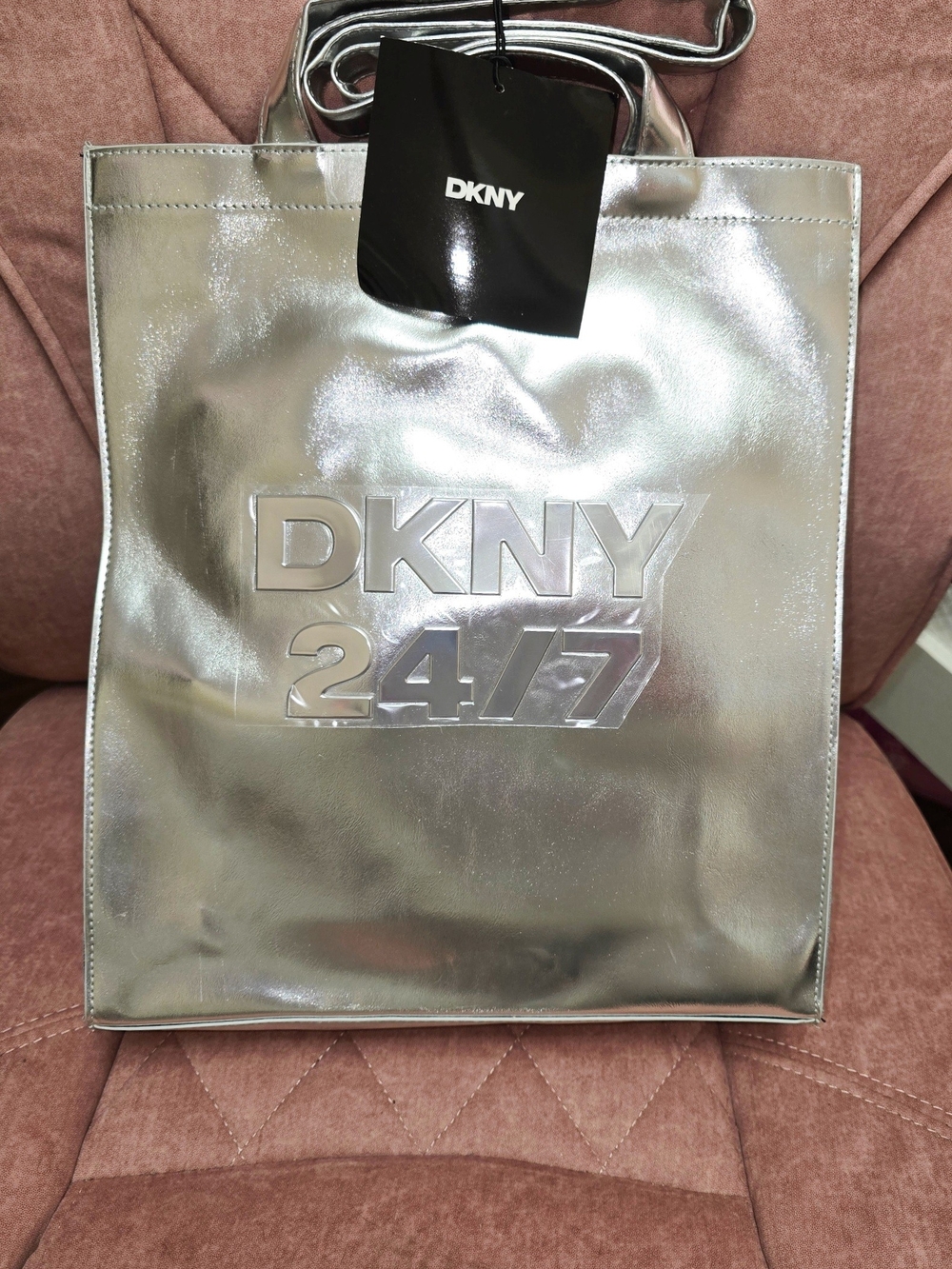 DKNY Metallic Silver Logo Tote